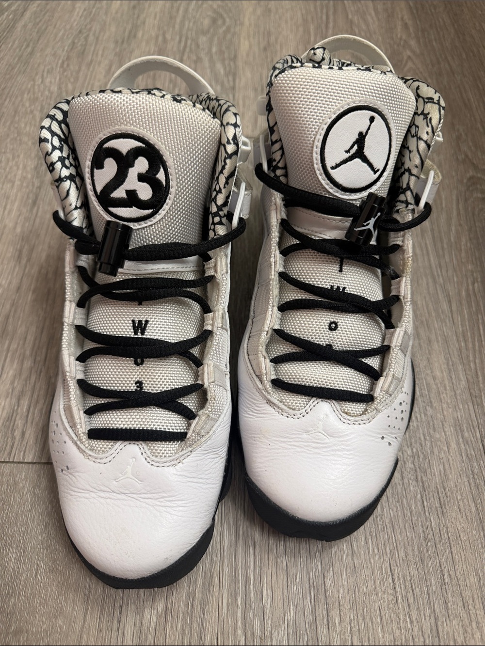 Jordan White and Black Retro Sneakers with Elephant Print Collar